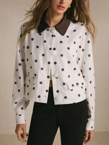 Poéselle Jaket Wanita Putih Motif Polkadot dengan Kancing Depan, Kerah Kontras, Jaket Musim Dingin, Pakaian Kerja, Atasan Polkadot, Pakaian Kantor Kasual Elegan dan Chic untuk Musim Gugur dan Musim Dingin - MultiWarna - View 4
