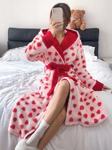 SHEIN Strawberry Tie Sweet Winter Robe Loungewear - Multicolor - View 7