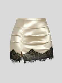 Sweetra Plus Size Autumn Winter Elegant Sexy Satin Slim Fit Ruched Lace Patchwork Bodycon Mini Skirt - Light Yellow - View 4