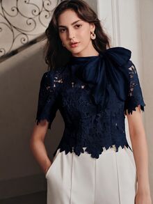 Anewsta Spring Summer French Gentle Style Beige Hollow Lace Bowknot Versatile Women's Blouse - Navy Blue - View 6