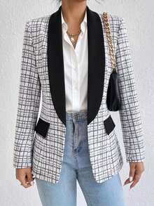 SHEIN Holidaya Áo khoác blazer cardigan phối màu thời trang thanh lịch đa năng cho nữ, mùa thu/đông, phong cách công sở - màu đen - Xem 5