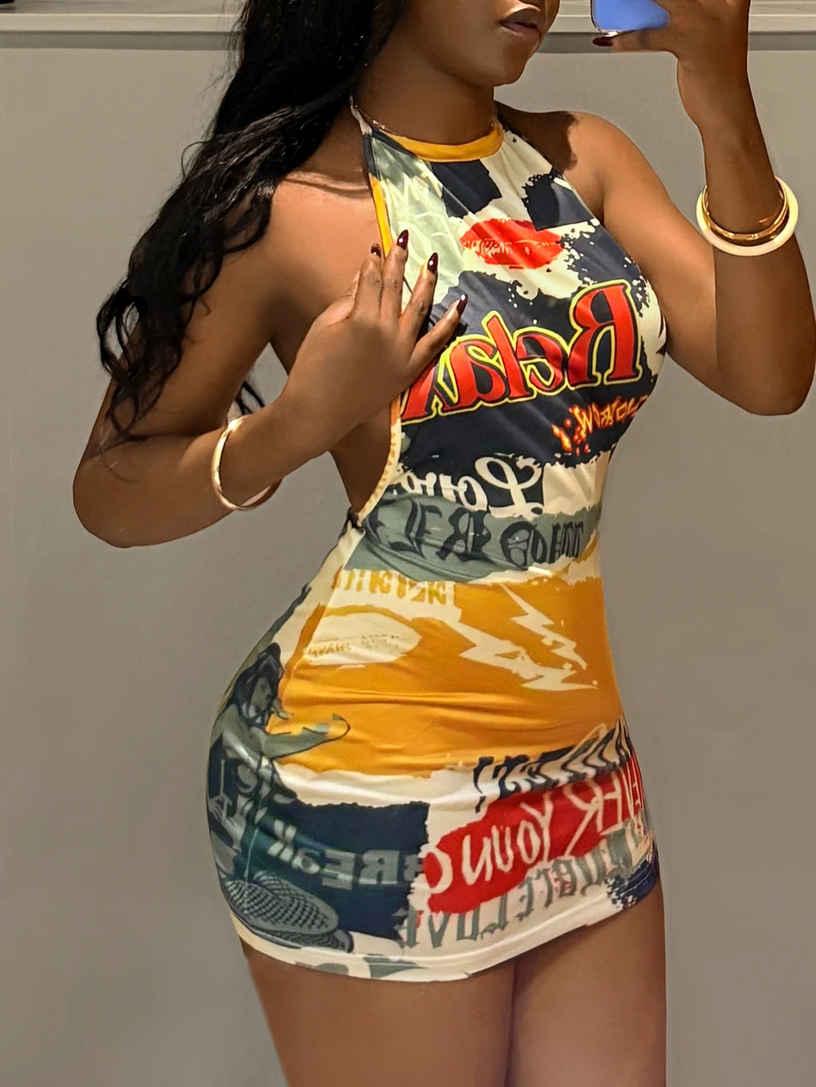 StreetHx Y2K Retro Collage Print Street Style Sexy Girl Outing Dress Halter Neck Open Back Design Slim Fit Bodycon Short Mini Skirt For Street Party - Apricot - View 1