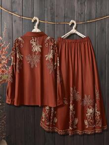 EMERY ROSE Spring Summer Autumn 1920 Vintage Boho Women Floral Pattern Shirt Collar Long Sleeve Cardigan Skirt Mahogany Plus Size Two Pieces Set Vacation - Redwood - View 2