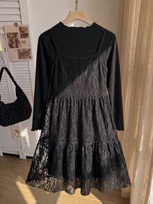 Comfortcana Plus Size Autumn/Winter Lace Camisole Dress & High Neck Cotton T-Shirt Black Set - Black - View 7