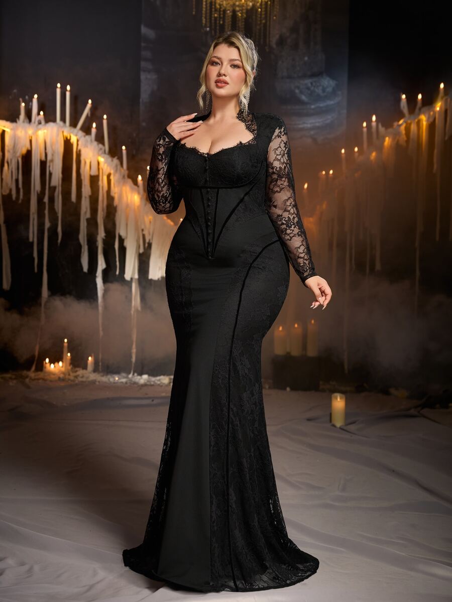 Glamrae Gaun Malam Gothic Ukuran Besar Hitam dengan Patchwork Renda, Bahan Elastis, Pinggang Cekung, Ekor Mermaid dan Hiasan Berat - Hitam - View 1