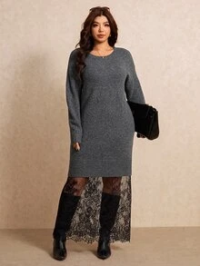 Elaquor Plus Size Women's Round Neck Long Sleeve Contrast Lace Hem Elegant Knit Dress - Grey - View 1