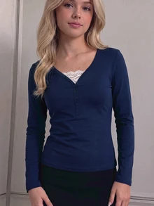 Teen Girl Casual Slim Fit Long Sleeve T-Shirt Base Layer, Printed Accents, Versatile Comfortable Elegant Style, Suitable For Outings, School, Layering - Blue - View 7