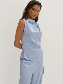 MUSEYN Blue Satin Ruched Drape Front Sleeveless Top Classy Date Night Chic Evening Fall - Baby Blue - View 4