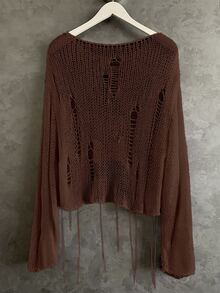 Sunspun Plus Size Women Solid Color Pure Desire Style Distressed Y2K Cropped Tassel Chunky Crochet Pattern Knit Sweater Pullover, Suitable For Spring Summer Autumn Outfits, Matching, Distressed Sweater - Coffee Brown - View 2