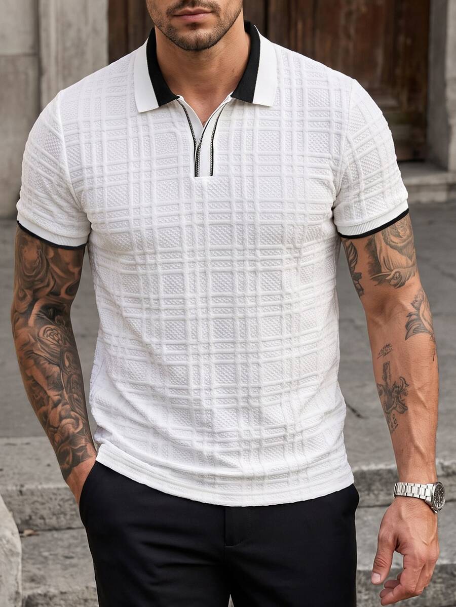 Manfinity CasualCool Solid Color Casual Polo Shirt With Collar For Men - White - View 1