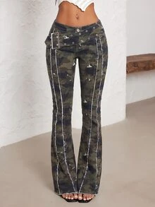 SHEIN PETITE 女款低腰腰帶裝飾迷彩圖案性感辣妹風牛仔褲 - 彩色 - 查看 3