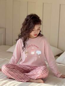 DAZY Tween Girls 2 Pieces Pajama Set, Cartoon Print Top And Plaid Pants, Casual Fashion Creative Personalized Fresh Cute - Baby Pink - View 3