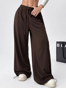 SHEIN EZwear Chocolate Brown Plus Size Spring/Summer Versatile Drawstring Sweatpants - Chocolate Brown - View 7