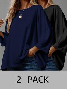 SHEIN LUNE 2PCS Women Solid Round Neck T-Shirts - Multicolor - View 1