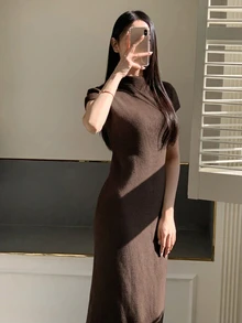 DAZY 女款無袖修身針織洋裝，半高領，緊身中長裙，內搭洋裝 - 咖啡棕 - 查看 3