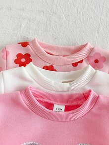 SHEIN 幼兒女嬰可愛粉白花卉亮片蝴蝶結羅紋長袖運動衫褲套裝 生日秋季假期連身毛衣 親子套裝 - 彩色 - 查看 4