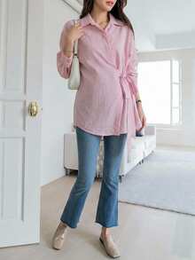 DAZY Striped Loose Long Sleeve Lapel Tie Casual Vacation Korean Style Autumn Winter Maternity Blouse - Pink - View 5