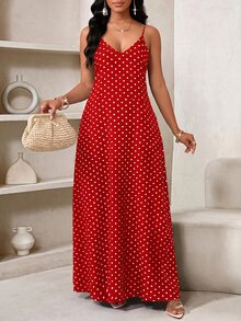 SHEIN Lady 女款波點印花口袋肩帶洋裝 - 紅白色 - 查看 3