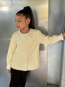DAZY 青少年女孩秋季服飾蕾絲娃娃臉泡泡袖長袖甜美襯衫 - 米色 - 查看 3