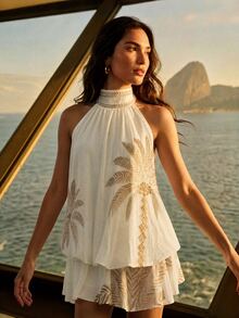 CAJUNI Short Summer Dress With Palm Print – New Year's, Beach, Holiday Parties - Beige - View 8