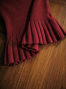 MOTF PREMIUM AUTUMN/WINTER ELEGANT LUXURY HIGH-END OFFICE PARTY DATE PLEATED RIBBED FABRIC ROUND NECK FLARED LONG SLEEVE RUFFLE WAIST SHEER ORGANZA PATCHWORK MERMAID HEM WINE RED WOMEN'S TWO PIECES SET - Burgundy - View 9