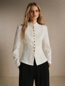 Poéselle Women's Ivory Textured Jacquard Jacket – Structured Mandarin-Collar Long-Sleeve Blazer With Gold Buttons, Defined Waist And Peplum Hem Fall/Winter - Apricot - View 1