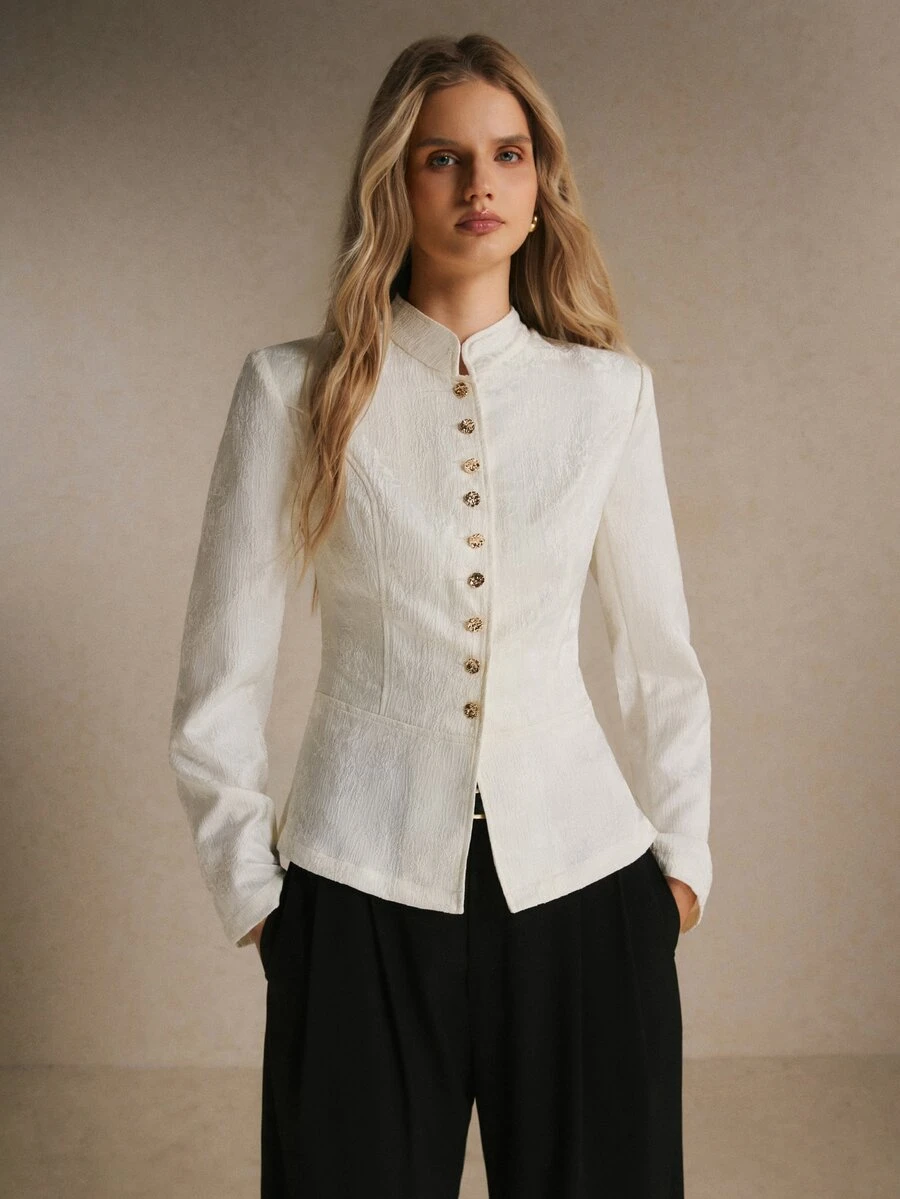 Poéselle Women's Ivory Textured Jacquard Jacket – Structured Mandarin-Collar Long-Sleeve Blazer With Gold Buttons, Defined Waist And Peplum Hem Fall/Winter - Apricot - View 1