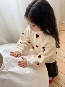 Dazy Kids Áo len bé gái sơ sinh cổ tròn họa tiết trái tim tay dài phong cách Hàn Quốc cho mùa thu/đông - trắng - Xem 4