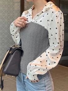 FRIFUL Women's Autumn Patchwork Polka Dot Blouse - Grey - View 3