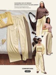 Comfortcana Plus Size Women's Side Stripe Drawstring Casual Loose Sweatpants - Light Yellow - View 10