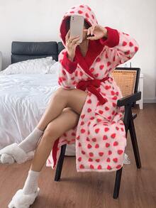 SHEIN Strawberry Tie Sweet Winter Robe Loungewear - Multicolor - View 4