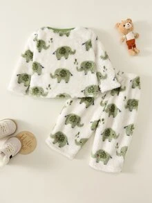 SHEIN 男嬰卡通大象圖案抓絨內裡加厚圓領長袖套頭上衣與鬆緊腰長褲2件套，百搭舒適 - 綠色 - 查看 2