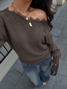 Siren Gaze 秋季新款女款不對稱肩蕾絲拼接針織衫，適合約會、度假、派對、日常外出、聚會、戶外活動 - 棕色 - 查看 3