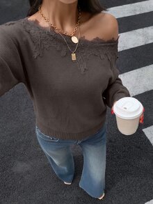 Siren Gaze 秋季新款女款不對稱肩蕾絲拼接針織衫，適合約會、度假、派對、日常外出、聚會、戶外活動 - 棕色 - 查看 4