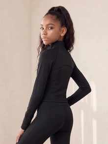 SHEIN Tween Girls Solid Color Fashion Long Sleeve Top And Pants Sports Outfit Set Gym Workout Black Autumn Modest Athletic Gym Workout Jogging - Black - View 4