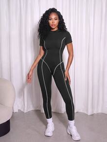 SHEIN Core Rhythm Women Black & White Geometric Line Print Contrast Color Short Sleeve Sports Jumpsuit Workout Fitness Outfit - Black and White - View 1