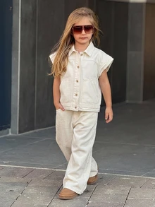 DAZY Young Girl) Lapel Casual Sleeveless Denim Top + Straight Leg Pants Two Pieces Denim Outfit Set - White - View 3