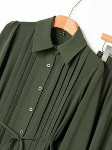 Rusticease Women's Casual Solid Color Waist Tie Shirt And Long Skirt 2 Pieces Set - Green - View 4