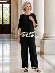 EMERY ROSE Women's Geometric Pattern 3/4 Sleeve Blouse And Long Pants Elegant Set Fall Clothes For Women Winter Outfit For Women Women Fall/Winter Sets - Multicolor - View 7