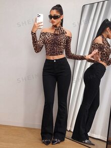 SHEIN Tall 女款休閒日常喇叭牛仔褲，附口袋與鈕扣設計 - 黑色 - 查看 6