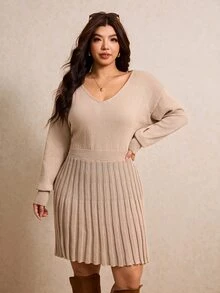Elaquor Plus Drop Shoulder Sweater Dress Winter - Khaki - View 3