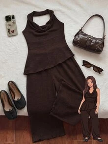 Comfortcana Women's Plus Size Draped Neck Backless Cowl Neck Asymmetrical Hem Waist-Cinching Tank Top And Loose Straight Leg Pants 2 Pieces Set - Brown - View 10