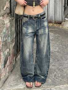 DAZY Women's Dark Blue Washed Distressed High Waist Loose Straight Leg Contrast Stitching Vintage Casual Denim Jeans - Blue - View 5
