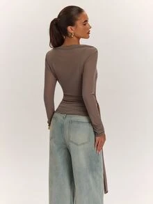 SHEIN BAE 2PCS Women Solid Tie Waist Long Sleeve Tops - Coffee Brown - View 2