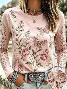 Selamara Boho Floral Butterfly Print Long Sleeve Crew Neck Top Casual Vintage Slim Fit Blouse For Women - Apricot - View 1