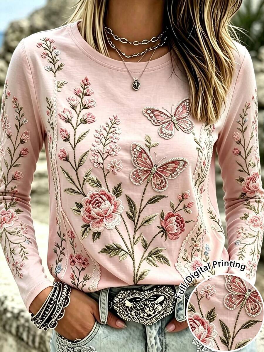 Selamara Boho Floral Butterfly Print Long Sleeve Crew Neck Top Casual Vintage Slim Fit Blouse For Women - Apricot - View 1