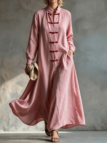 Glimmora New Chinese Style Stand Collar Frog Button Long Sleeve Dress Vintage Artistic Loose Plus Size Women - Pink - View 3