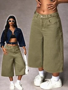 SHEIN EZwear 1pc Solid Wide Leg Crop Jeans - Army Green - View 1