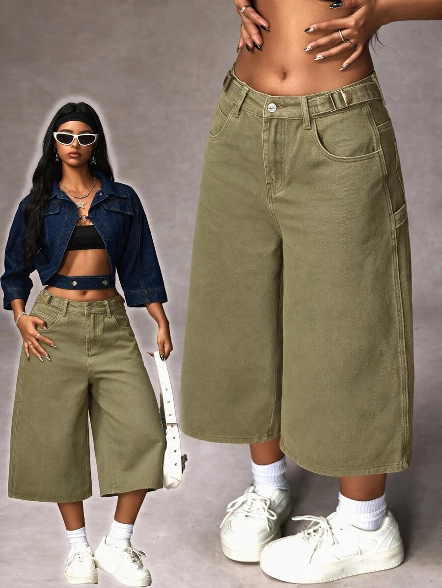 SHEIN EZwear 1pc Solid Wide Leg Crop Jeans - Army Green - View 1