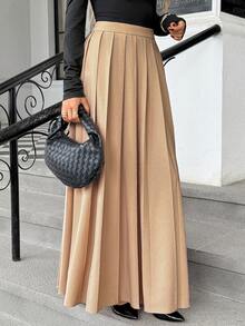 Pariaura Rok Maxi Wanita Warna Polos Bahan Linen Imitasi dengan Lipatan dan Hem Longgar, Elegan, Modis, dan Serbaguna - Khaki - View 5